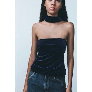 Zara NWT Navy Velvet Neck Tube Top Sz S